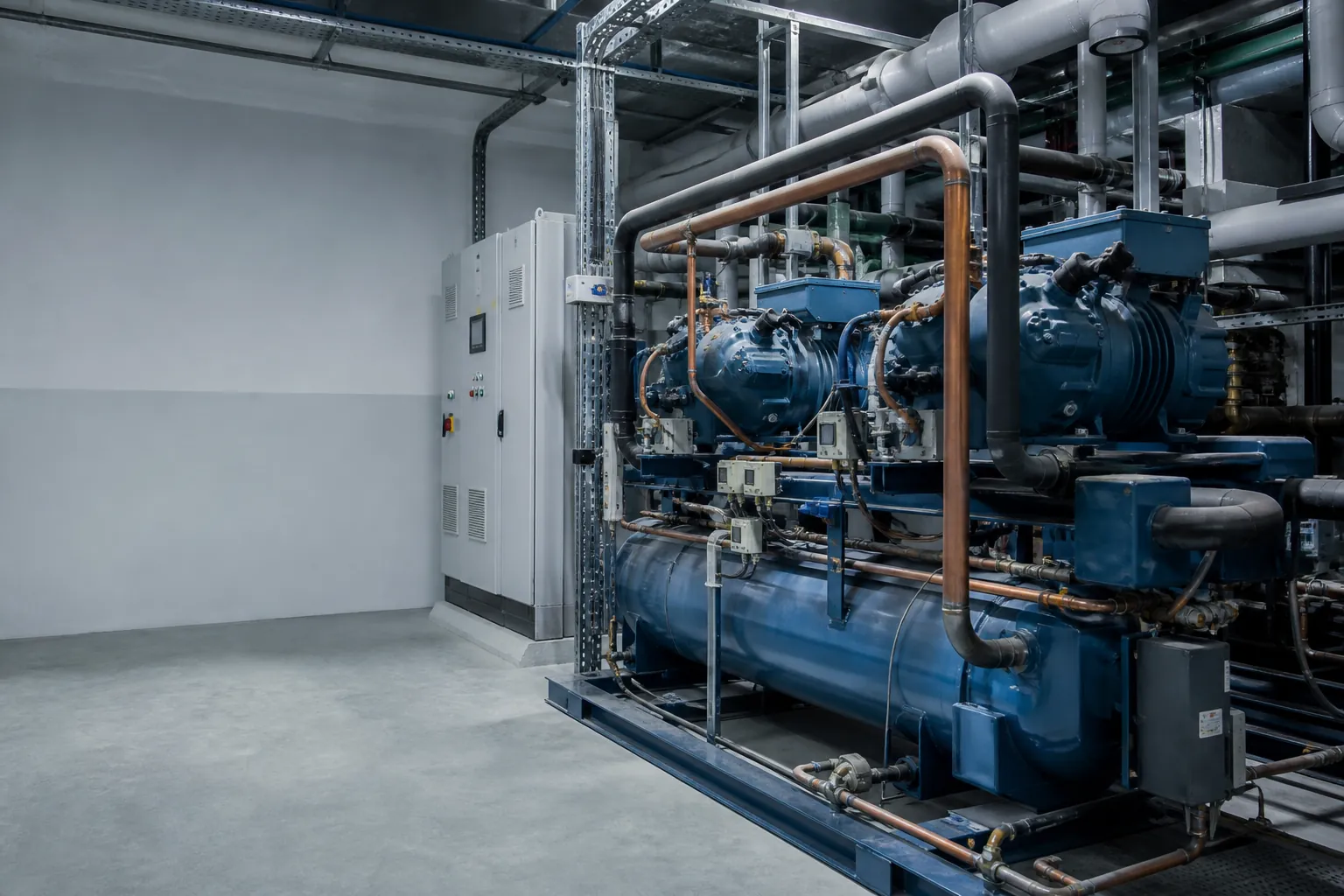 Impianto frigorifero completo con compressori, tubazioni e quadro tecnico